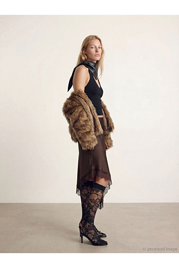 Lace Detailed Asymmetrical Cut Satin Skirt