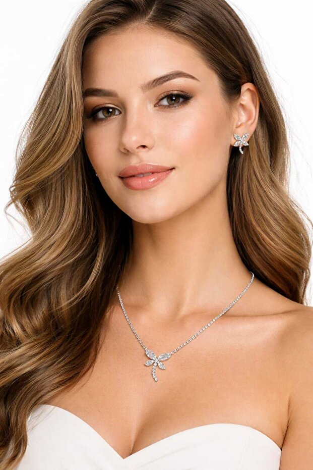 Silver Color Waterway Zircon Stone Dragonfly Model Necklace Earring Set