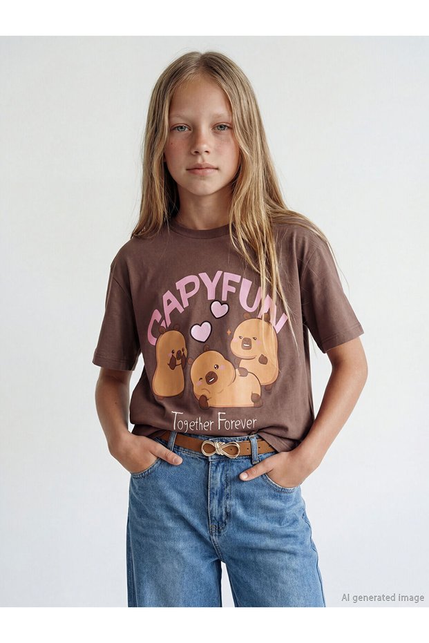 LCW Kids Girl's Crew Neck Printed T-Shirt