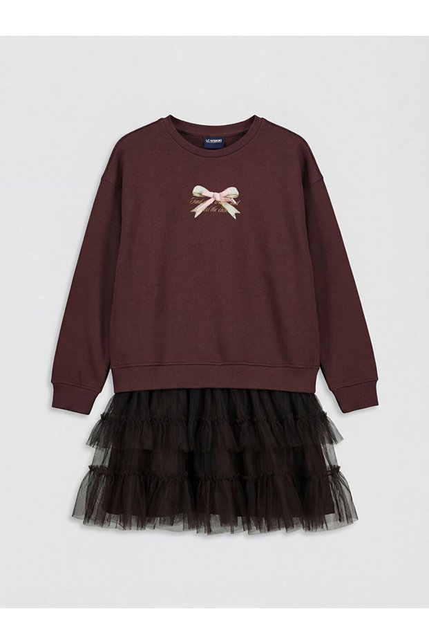 Brown Crew Neck Printed Tulle Detail Girls' Dress from Giyçık Store