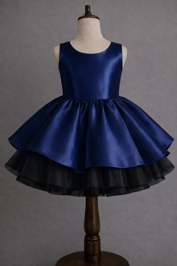Special Design Navy Blue Color Sleeveless Bow and Tulle Detailed Girl's Evening Dress