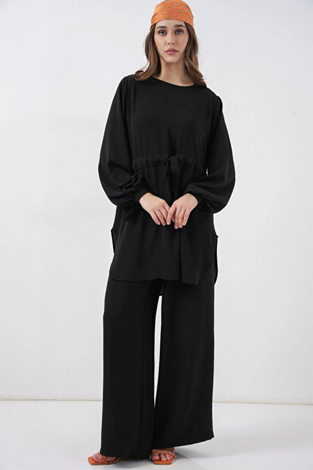 طقم تونيك طويل وبنطلون مزدوج 6719 - أسود - 4