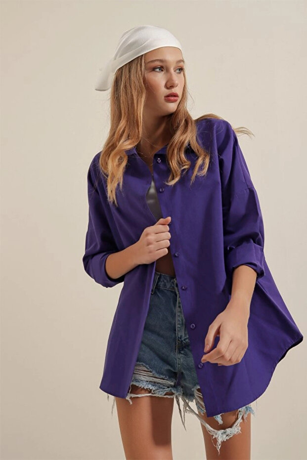 3900 Oversize Long Basic Shirt - Purple - 3