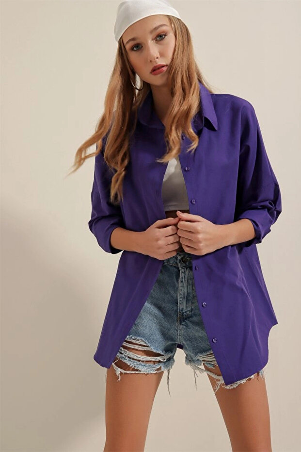 3900 Oversize Long Basic Shirt - Purple - 1