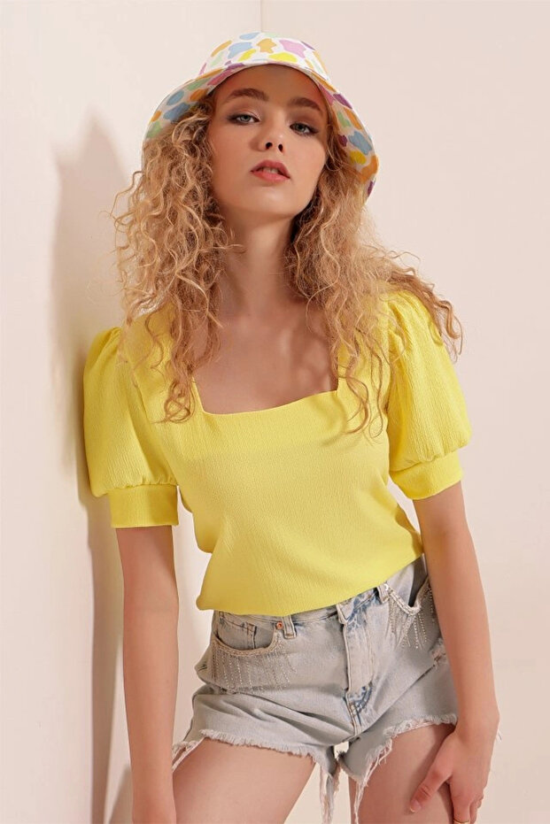    0409 بلوزة محبوكة بياقة مربعة - أصفر - 2