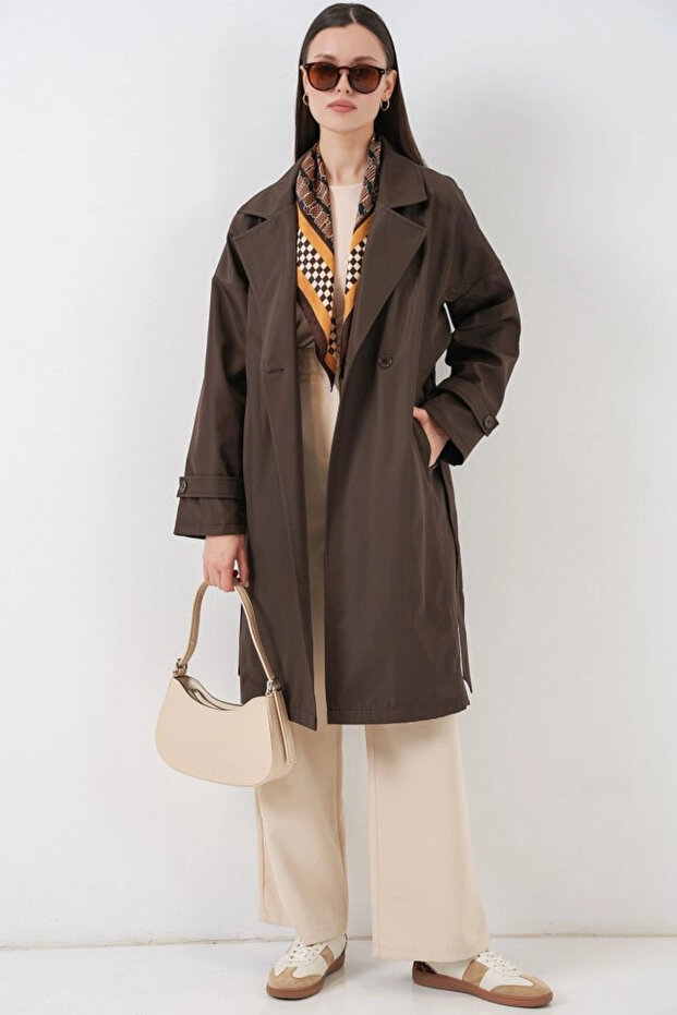 معطف طويل بياقة مزدوجة 5987 - بني - 3