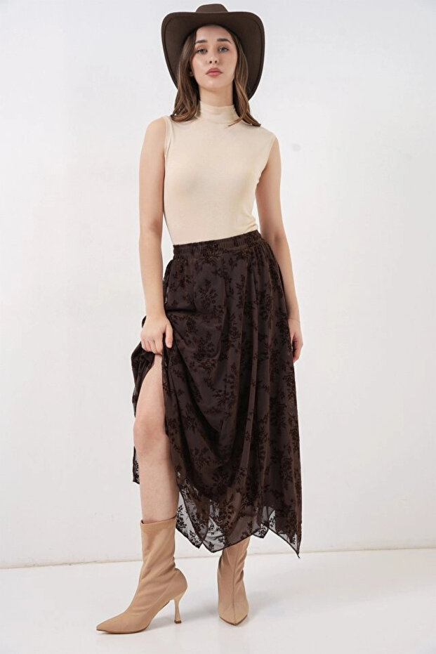 Patterned Lined Skirt 8059 - Brown - 4