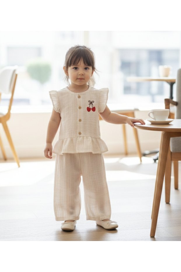 Cherry Embroidered Ruffled Striped Muslin Girls Shirt and Pants Set