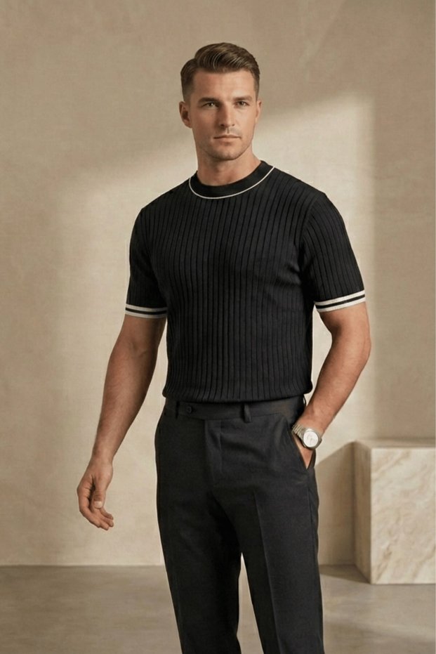 Men's Ribbed Knit T-Shirt Black - Garnished Striped Collar, Fit, Summer, Knitted