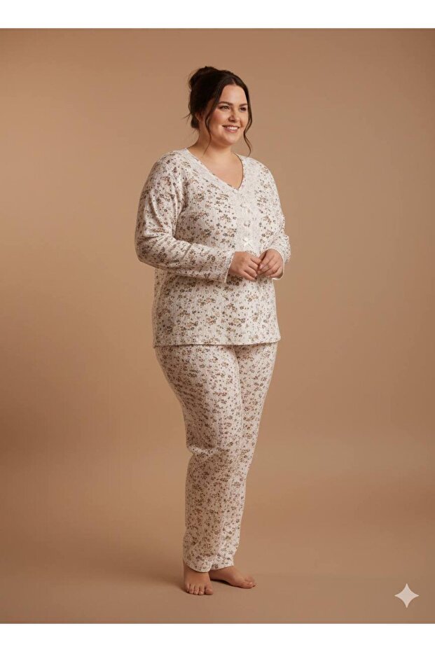 Plus Size Extra Large Pajama Set Patterned Long Sleeve Winter Fabric Cotton