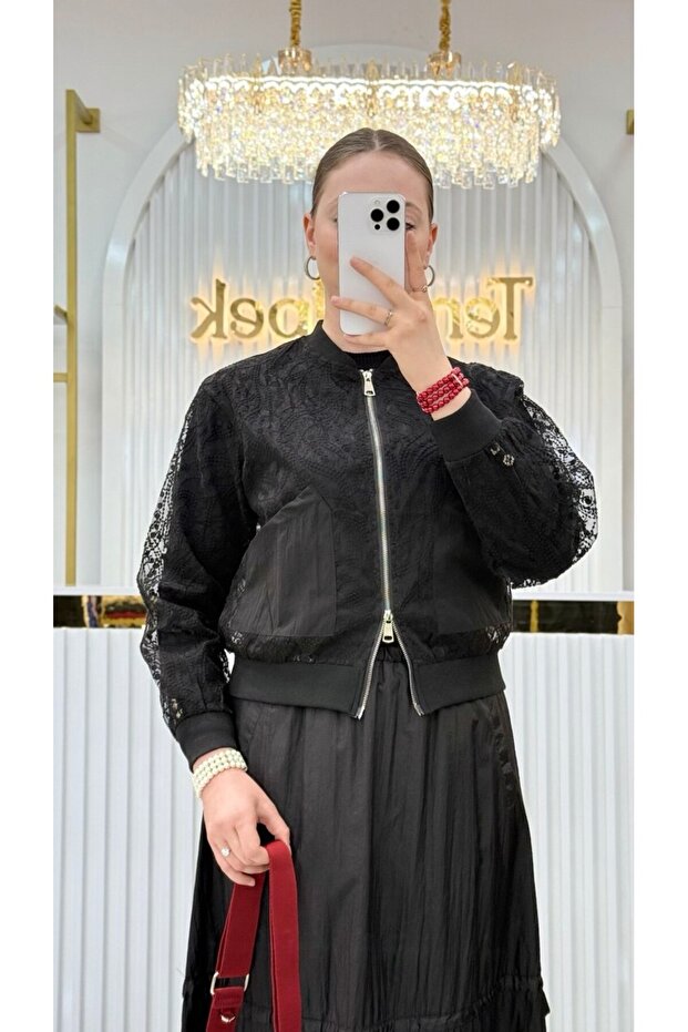 Transparan Çift Cepli Dantel Bomber Ceket - 3
