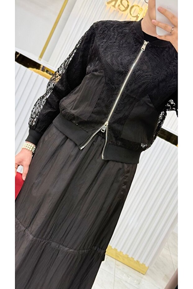 Transparan Çift Cepli Dantel Bomber Ceket - 4