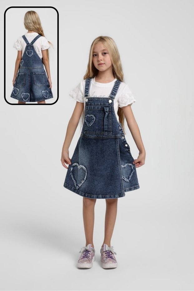 Heart Appliqué Denim Salopet Shorts Skirt (T-Shirt Is Not Included.)