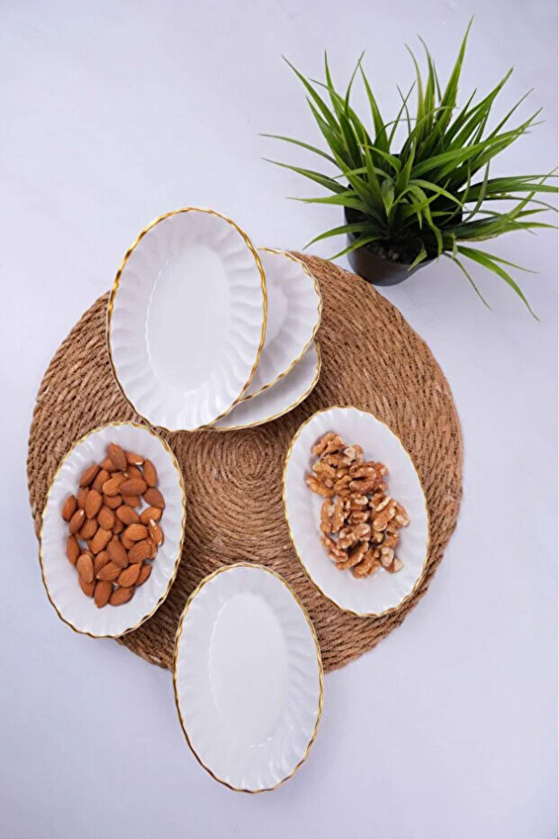 Set of 6 White Gilded Oval Breakfast Snack Bowls 15X10Cm