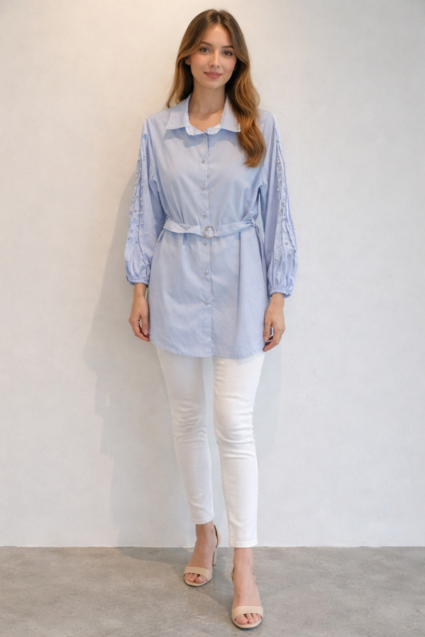 Cotton Satin Tunic with Beaded Sleeves and Belted Waist