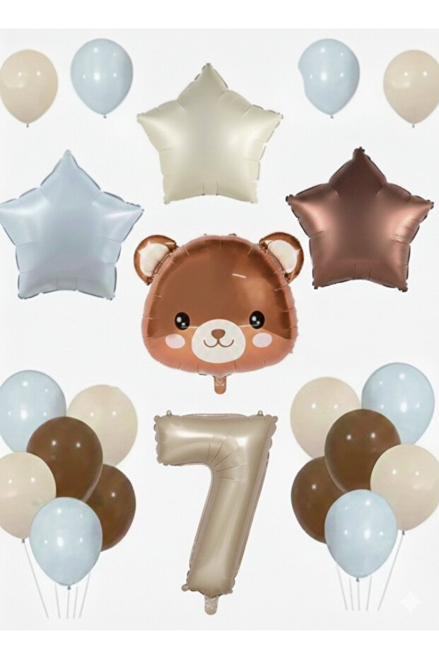Blue Beige Brown Bear Balloon and Number Balloon Set 15 Pieces