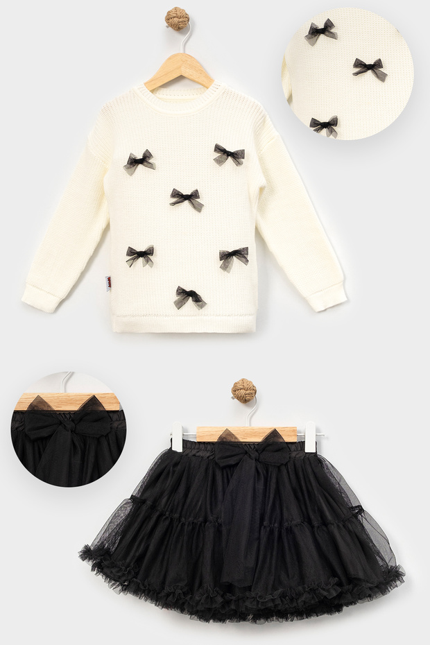 Bow Detailed Knitwear Sweater and Fluffy Tutu Skirt Set
