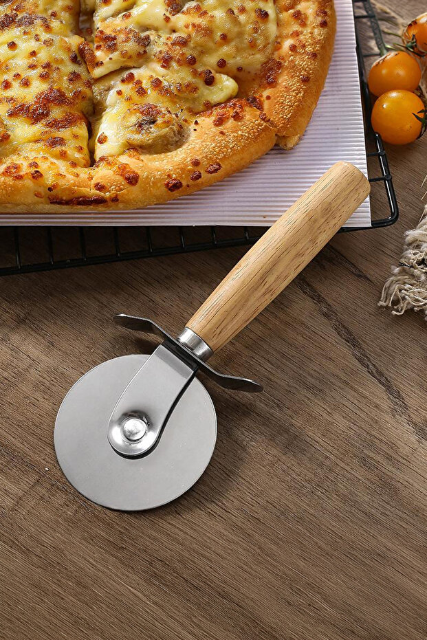 Stainless Steel Pizza Cutter Knife with Wooden Handle - Dough Cutting Tool