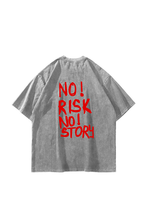 تي شيرت أبيض كبير الحجم مطبوع عليه عبارة "No Risk No Story" قابل للغسل للجنسين