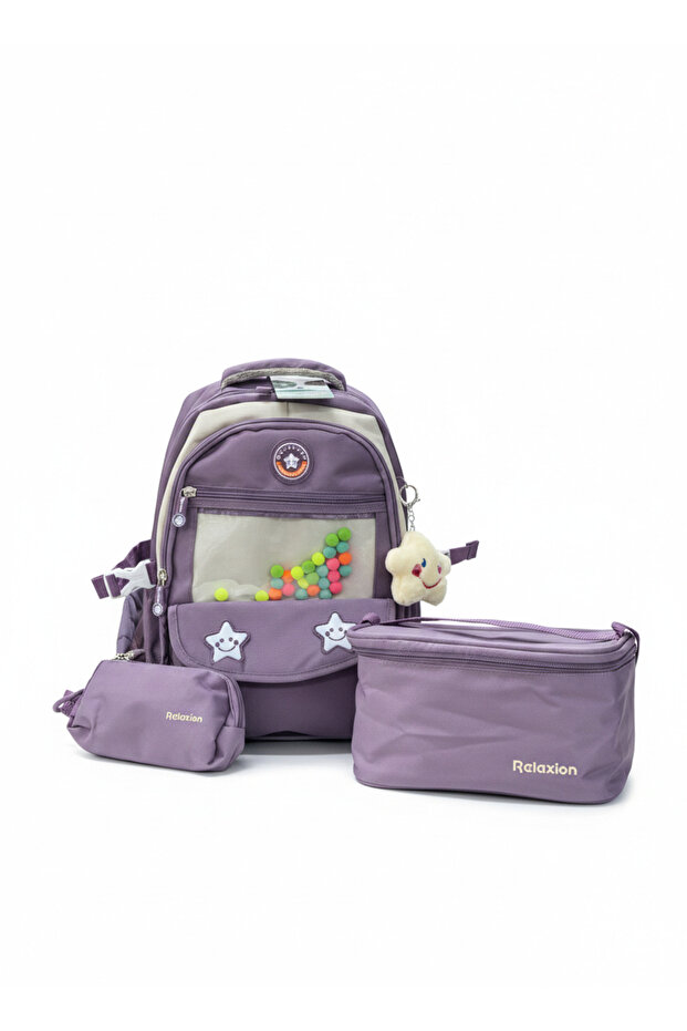Relaxion 3-Piece Set with Accessories Children's Primary School Bag Backpack with Pen Holder and Lunch Bag 1940