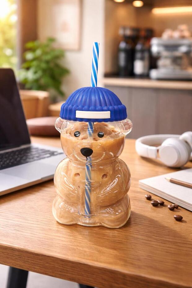 Bearista Teddy Bear Borosilicate Glass with Straw 580 ml Navy Blue – Iced Coffee Model