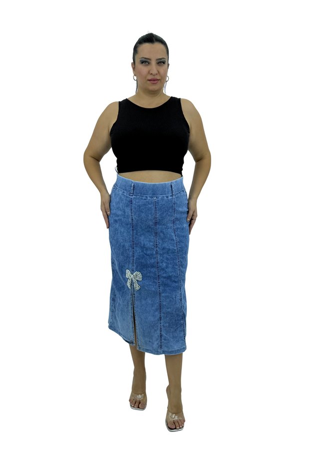 Plus Size Women's Cotton Slit Skirt with Stone Pearl Detail and Elastic Waist, Midi Length