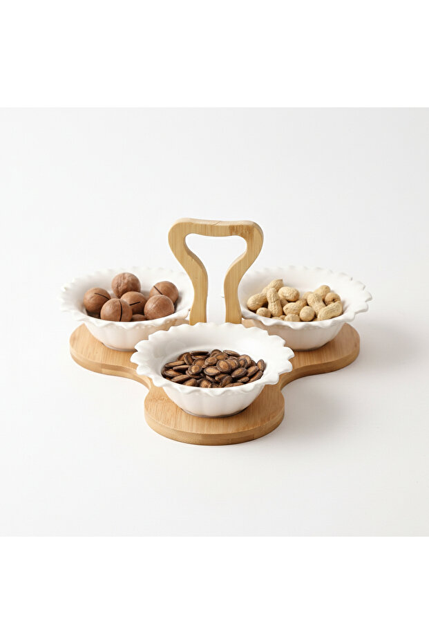 3PCS Porcelain Serving Bowls w Bamboo Stand – 15cm White Snack & Condiment Set for Daily Use
