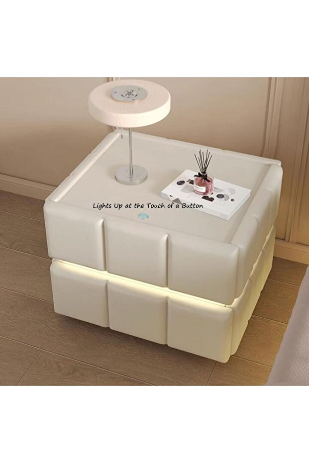 طاولة جانبية للسرير بإطار من الخشب الصلب، سهلة التركيب، مزودة بإضاءة LED ذكية، لون أبيض. - 2