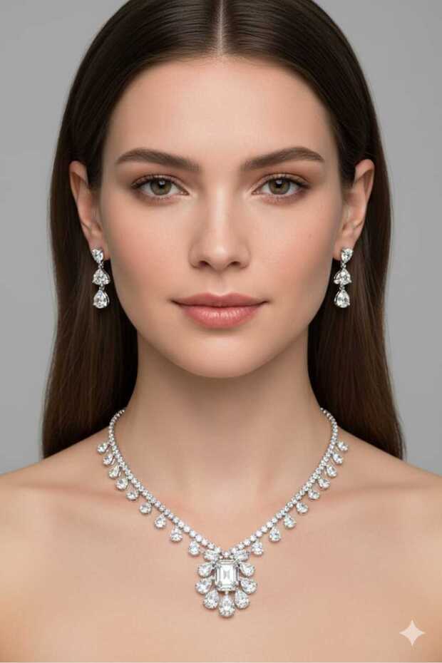 Women's Silver Color Model Waterway Zircon Stone Necklace Earring Set