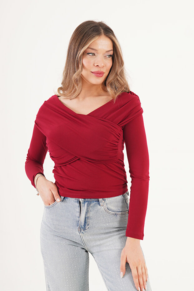 Drapeli Çapraz Model Sandy Bordo Bluz