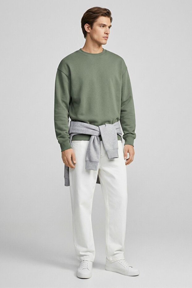Men's Oversize Basic Relax Cotton Crew Neck Sweatshirt Khaki
