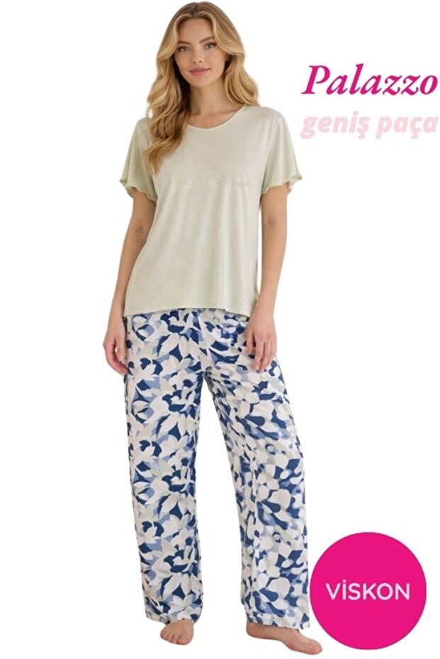Women's Green Patterned Buttonless Wide Collar Viscose Oversized Short Sleeve Palazzo Pajama Set Homewear