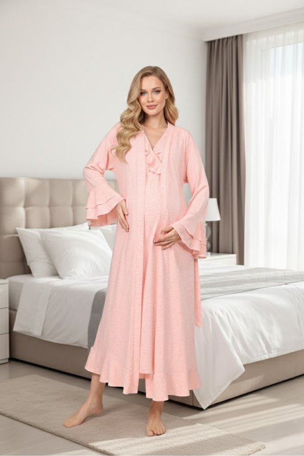 Women's Pink Flounce Double-Breasted Design Short Sleeve 100% Cotton Maternity Nightgown Nightgown Set of 2