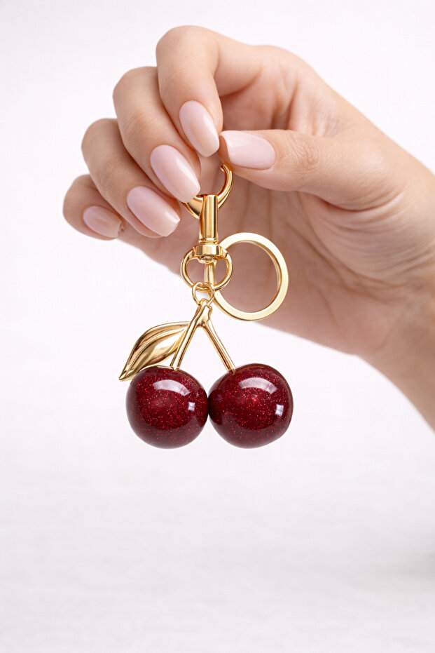 Women's Cherry Charm Keychain Gold Metal Bag Accessory