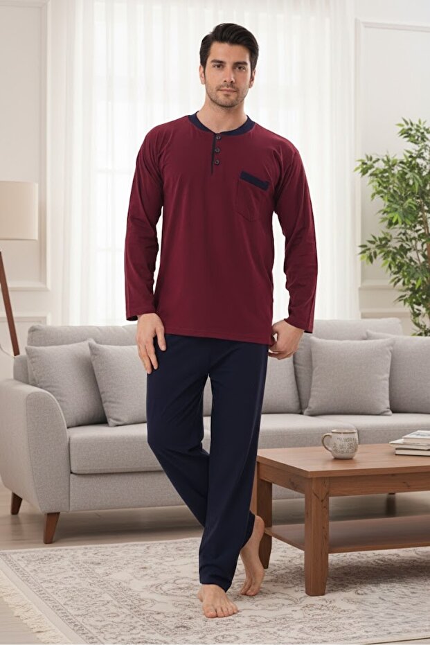 Men's Burgundy Button Detailed Long Sleeve 100% Cotton Special Design Large Size (Oversize) Pajama Set
