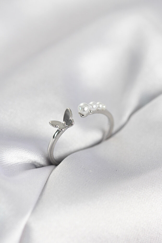 Pearl Butterfly Model Silver Color Brass Women's Ring