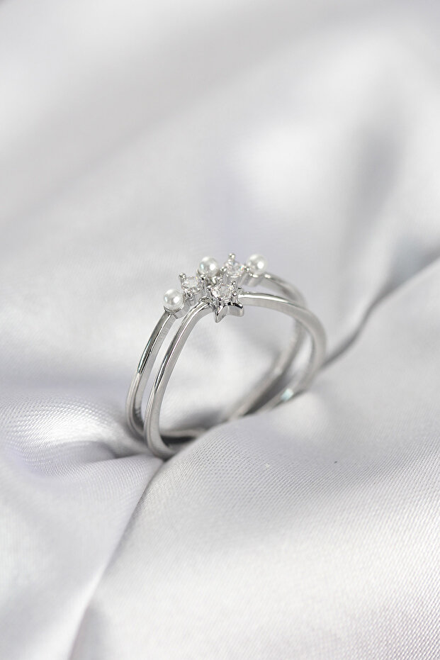 Silver Color Pearl Star Model Zircon Stone Women's Ring
