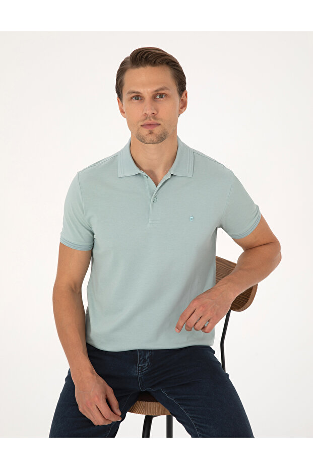 Dark Mint Slim Fit 100% Cotton Non-Curling Buttoned Polo Collar Basic T-Shirt 50325323-Vr152