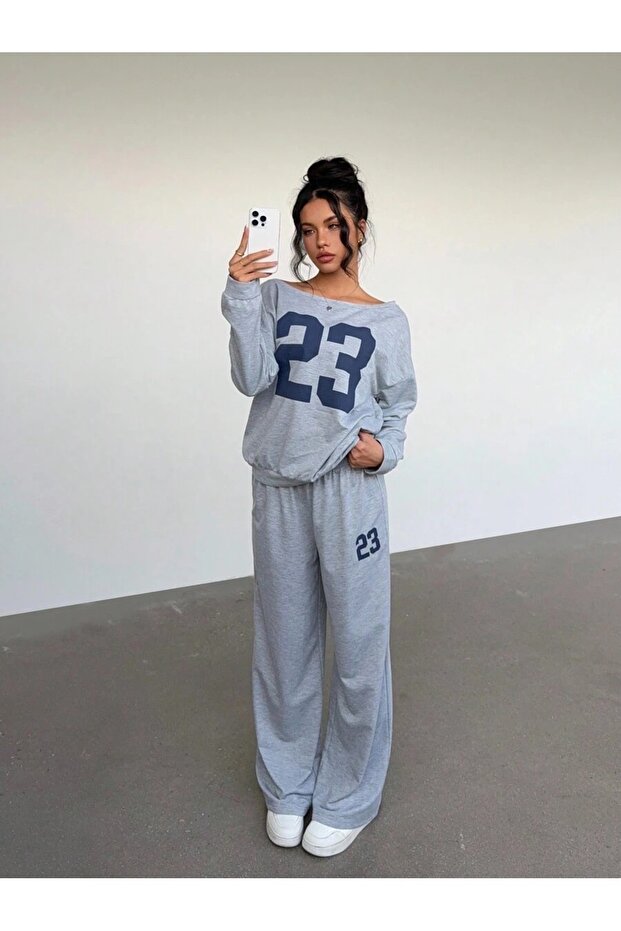Women's 23 Printed Boat Neck Straight Leg Jogger Top and Bottom Tracksuit Set
