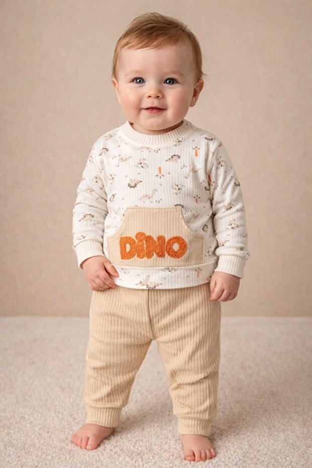 Dino Embossed Printed Baby Boy Set with Pocket Detail