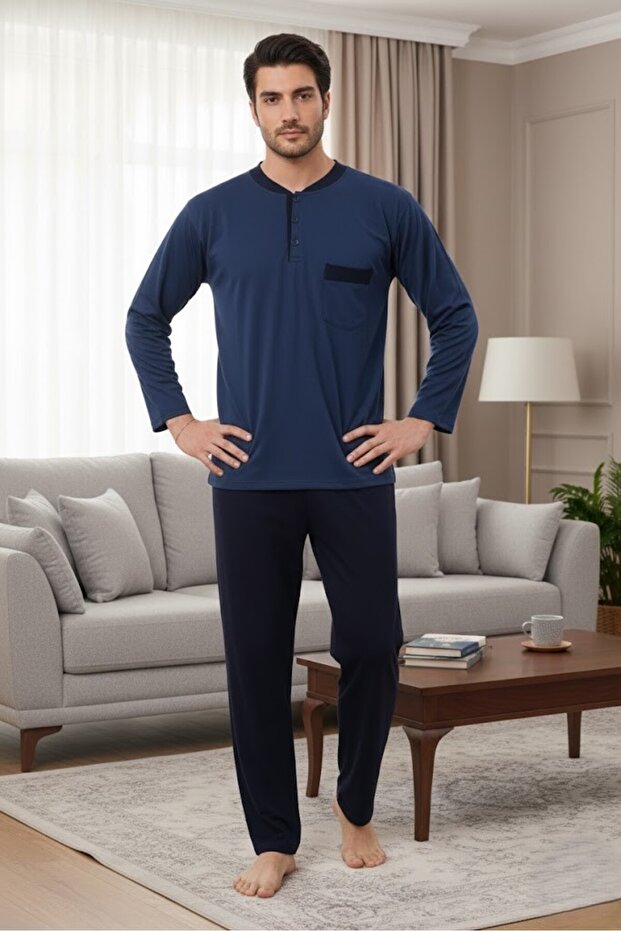 Men's Indigo Button Detailed Long Sleeve 100% Cotton Special Design Large Size (Oversized) Pajama Set