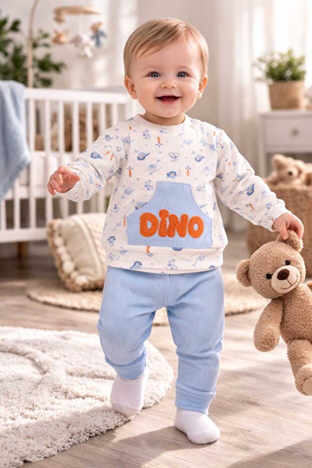 Dino Embossed Printed Baby Boy Set with Pocket Detail