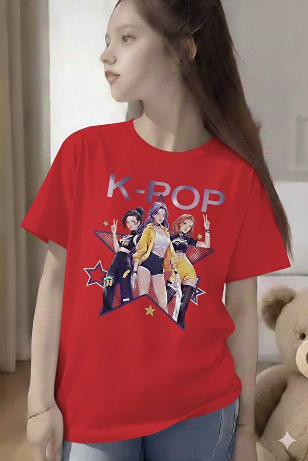 تي شيرت أحمر مطبوع للأطفال من K-POP