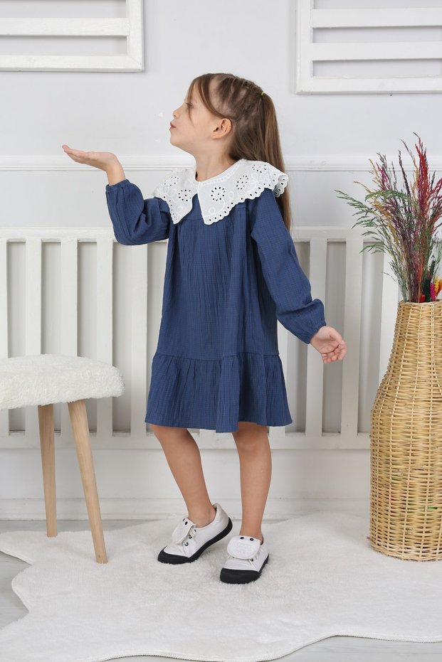 Girls' Lace Peter Pan Collar Dress – Long Sleeve Stylish and Comfortable Casual Dress