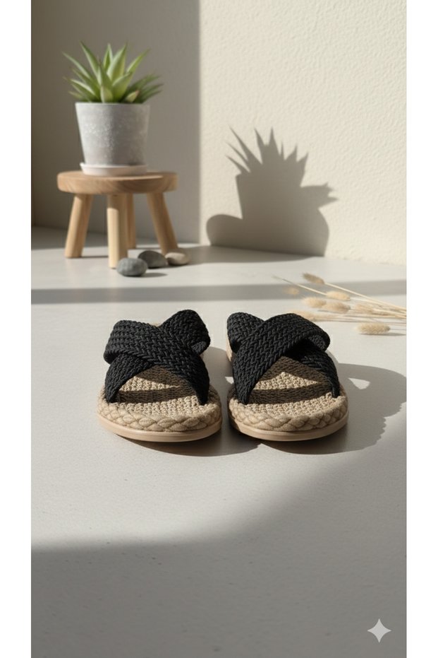 Women's Straw Sole Cross-Strapped Daily Comfortable Summer Stylish Knitted Slippers