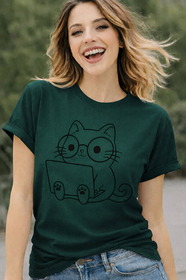 Cat with Laptop Printed Cotton Relaxed Fit Round Neck Unisex T-Shirt