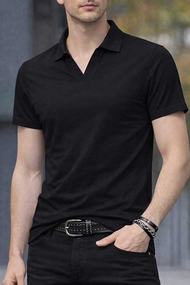 Plain Polo Collar Detailed Lycra Flexible T-Shirt, Comfortable Short Sleeve Top for Spring and Summer, Men's Clothing