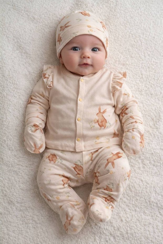 Newborn 100% Cotton 5-Piece Baby Set – Long Sleeve Top, Bottom, Hat, Gloves and Bib