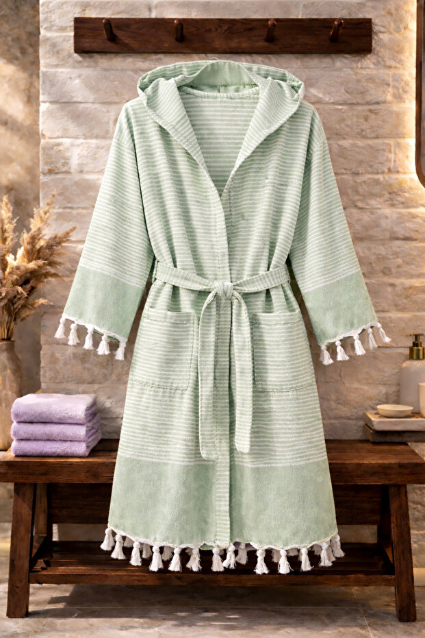 100% Cotton Woven Hooded Unisex Peshtemal Pique Bathrobe with Pockets Ultra Soft (M/L/Xl) Size