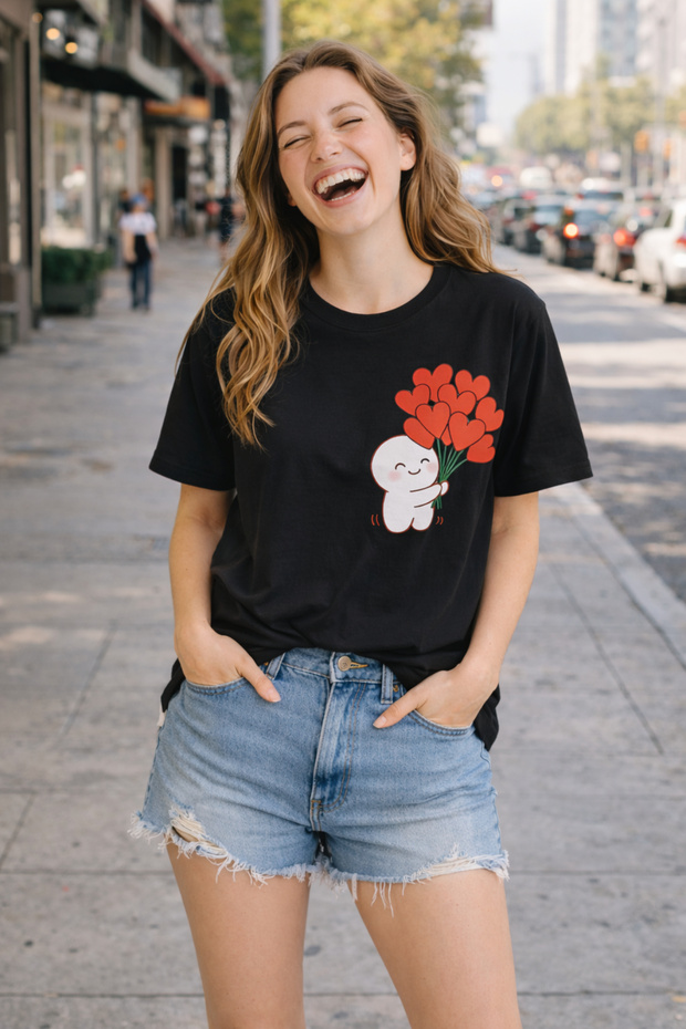 Heart Bouquet Printed Cotton Relaxed Fit Round Neck Unisex T-Shirt